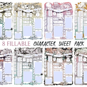 D&D character sheets pack | 8 fillable custom character sheets with different theme