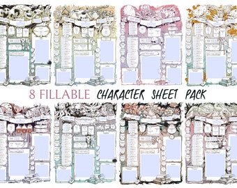 D&D character sheets pack | 8 fillable custom character sheets with different theme