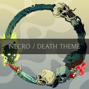 May include: A circular design with a skull and bones theme. The design features a broken circle with skulls, bones, and a dagger. The text "NECRO / DEATH THEME" is in the centre of the design.