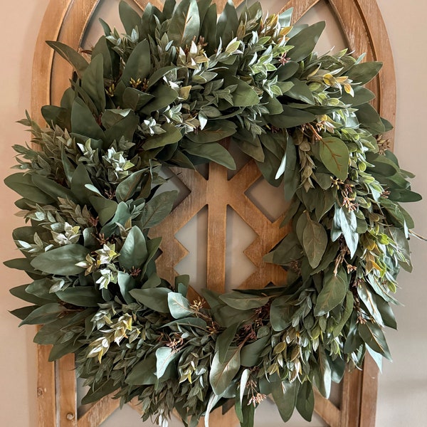 Year Round Wreath for Front Door, Neutral Mixed Greenery Wreath, Boho Wreath, Farmhouse Wreath, Eucalyptus Wreath, Everyday Wreath