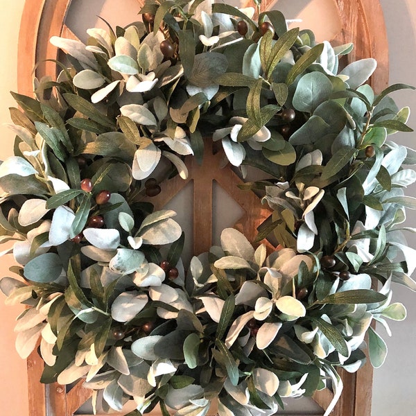 Kitchen Wreath, Modern Farmhouse Wreath, Olive Branch Wreath, Lamb’s Ear and Eucalyptus Wreath, Year Round Wreath,  Everyday Wreath,