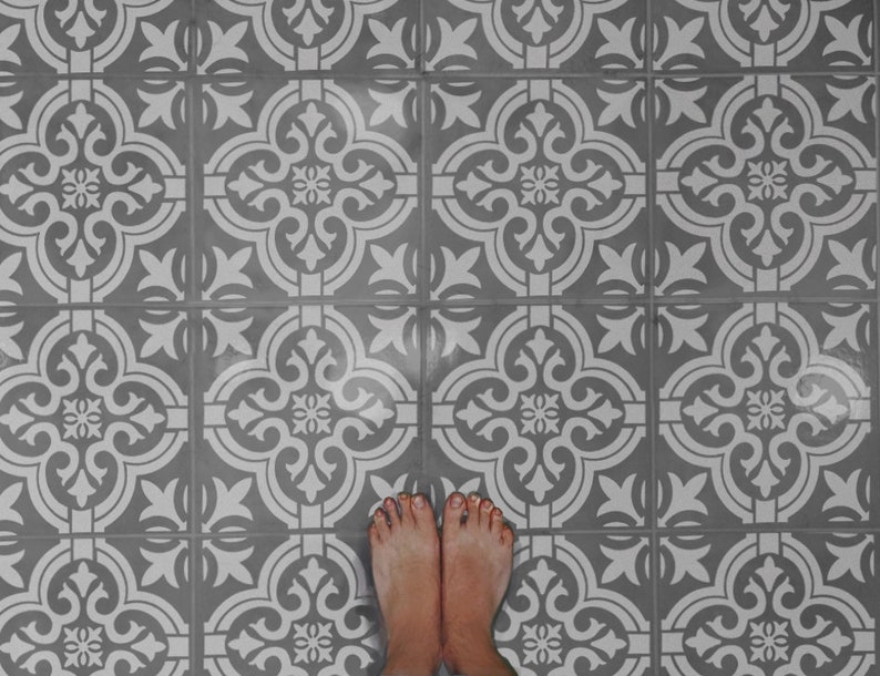 Tile floor painted with tile stencil bailey