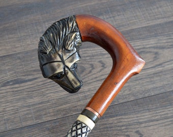 Bastones de madera, cañas, bastón de madera, tallado a mano, tallado a mano, accesorios para bastón (lobo)