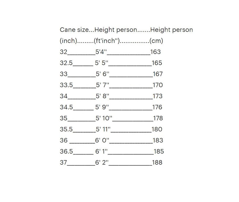 May include: A chart showing the relationship between cane size in inches and the height of a person in feet and inches, and centimeters. The chart shows cane sizes from 32 to 37 inches, corresponding to heights from 5'4" to 6'2".