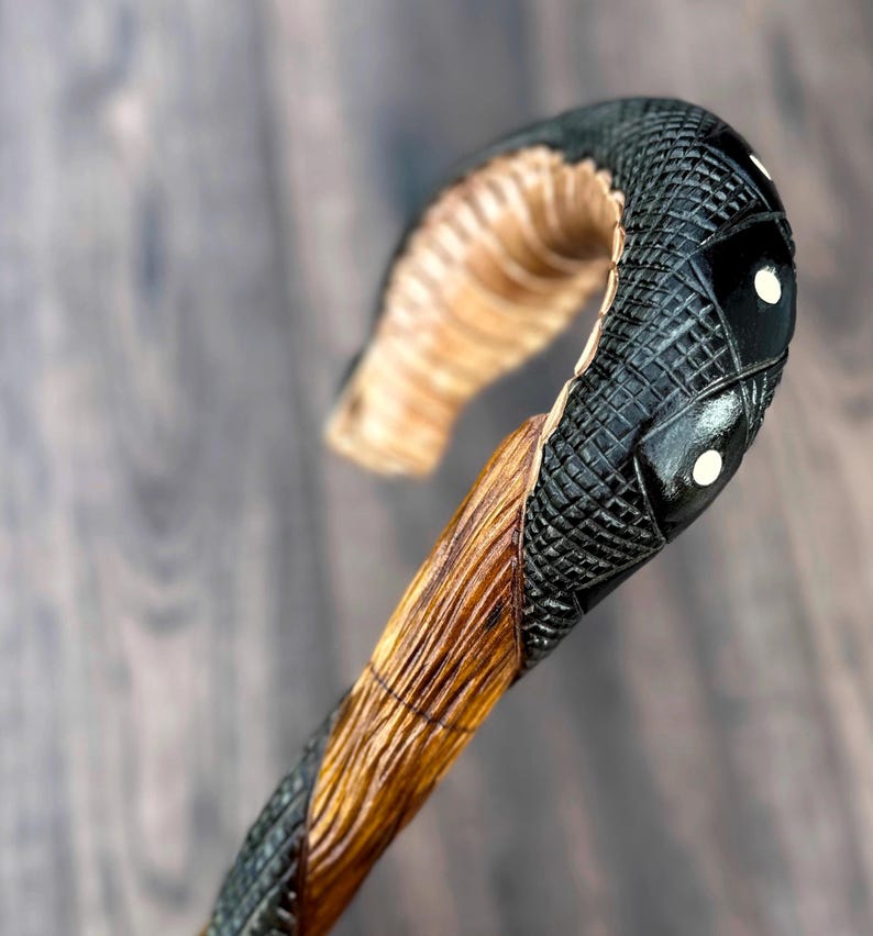 Bastones de madera, bastones de paseo, bastones de caña, bastón de madera tallado a mano, accesorios para bastones hechos a mano (Cobra MARRÓN) imagen 5