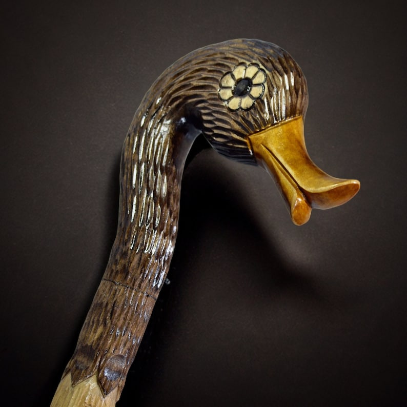 May include: A wooden walking stick carved in the shape of a duck's head. The duck's head is painted brown and has a white flower design on the side. The beak is painted yellow.