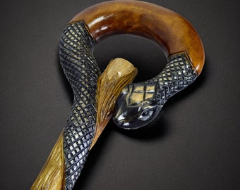 Walking Stick Cane Wooden Carving Handmade Cane hiking stick Gift (Snake New)