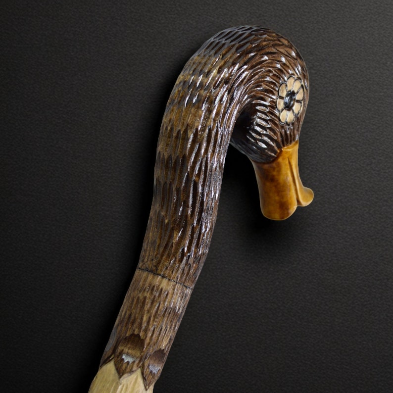May include: A wooden walking stick carved in the shape of a duck's head. The duck's head is brown and has a detailed carving of feathers. The beak is a light brown color.