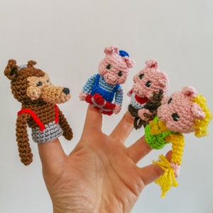 Three little pigs and big bad wolf Crochet pattern Finger puppets Amigurumi Kids development toy Educational toy Story tale Toddler fable