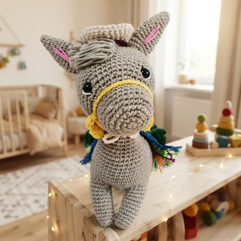 Front view close-up of a crocheted plush donkey amigurumi wearing a yellow bridle and Mexican sombrero in a nursery room decor.