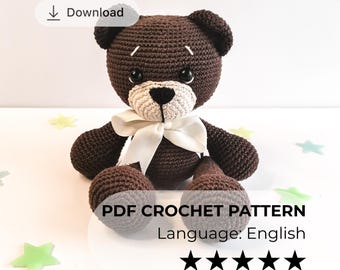 Classic Teddy Bear Crochet Pattern, Amigurumi Bear Toy Tutorial, PDF Digital Download, Nursery Gift