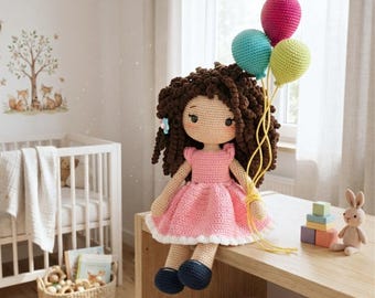 Crochet Birthday Doll Pattern Amigurumi Girl with Balloons PDF Digital Download Tutorial