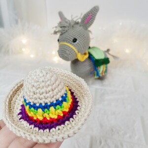 A crocheted sombrero with a rainbow-coloured band is held in front of a grey crocheted donkey wearing a yellow collar and a green and blue blanket. The sombrero is beige with a colourful band of purple, red, yellow, green, and blue.