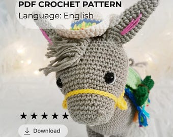 Crochet Donkey Pattern, Amigurumi Burro Toy Tutorial, PDF Digital Download, Farm Animal Nursery Decor