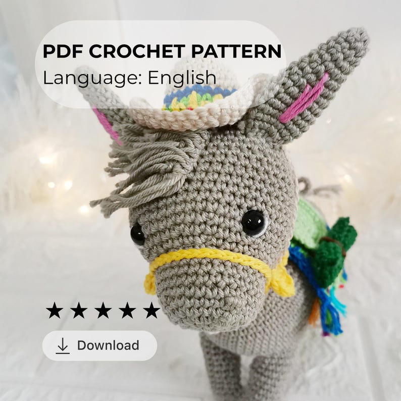 Crochet Fiesta light grey Donky with sombrero and colorful blanket.