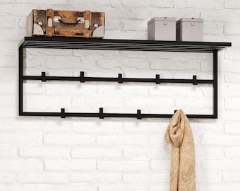 Handgefertigter Kleiderbügel aus Stahl mit Regal - HARAL. Industrielles Stahlregal für den Flur, Regal mit Handtuchhalter für das Badezimmer.