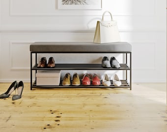 Gina- metal bench for the hall. Seat with shelves. Shoe shelves. Stool with shoe storage, Pouf for home, industrial bench, fabric pouf, loft