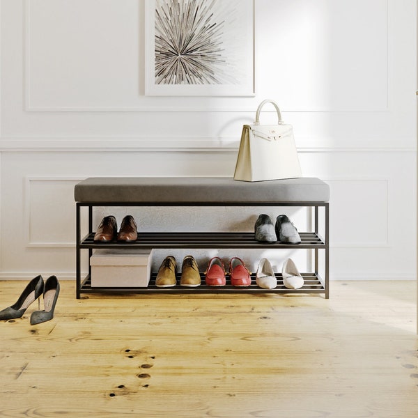 Gina- metal bench for the hall. Seat with shelves. Shoe shelves. Stool with shoe storage, Pouf for home, industrial bench, fabric pouf, loft