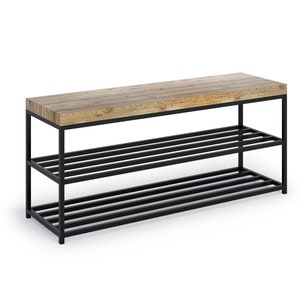 Gina hall stool, oak seat, shoe storage, industrial bench with shoe shelves, 60 cm to 100 cm wide. Industrial shoe cabinet.