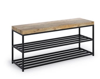 May include: A rectangular shoe rack featuring a solid wood top with a natural grain finish and two lower slatted shelves. The frame is constructed from black metal, providing a sturdy base for the three-tiered storage unit design.