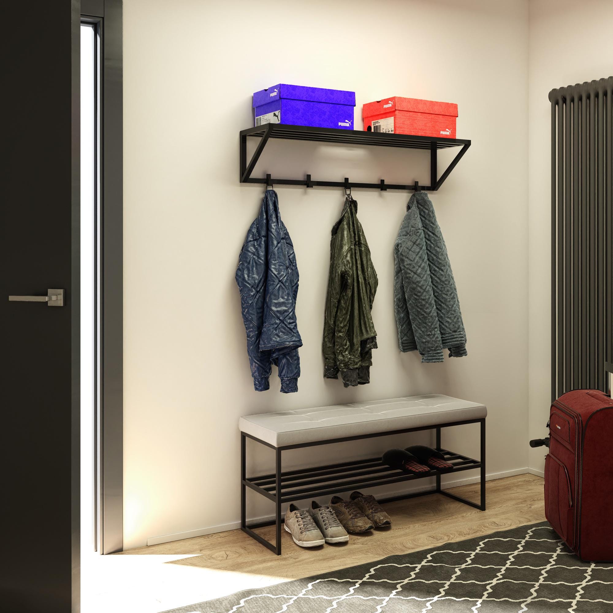 Banc Matelassé Avec Étagère À Chaussures Et Rangement | Meuble D'entrée De Style Industriel, Siège Artisanaux