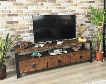 Soporte de tv de madera maciza - Rokko / Unidad de tv de madera y metal de diseño vintage / Consola de medios de madera rústica / Centro de entretenimiento con cajones