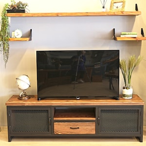 Tv Stand Solid Wood and Metal / Custom Size and Colors Industrial Design Tv Unit / Rustic Media Console