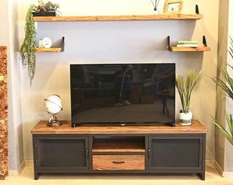 Tv Stand Solid Wood and Metal / Custom Size and Colors Industrial Design Tv Unit / Rustic Media Console