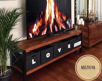 Industrieller Fernsehständer aus Holz - Kreuz , Massivholz und Metall Tv Unit , Rustikale Medienkonsole , Bauernhaus Design Tv Stand