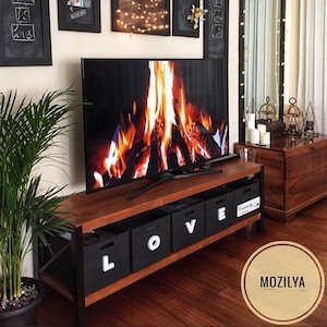 Industrial Wooden Tv Stand - Cross , Solid Wood and Metal Tv Unit , Rustic Media Console , Farmhouse Design Tv Stand