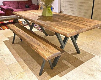 Mesa de comedor y banco - Opciones personalizadas de tamaño y color / Mesa de madera maciza hecha a mano / Mesa de granja moderna