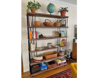 Estantería de madera maciza hecha a mano con estantes de metal - Hasir / Estantería de diseño rústico / Estantería de estilo industrial tipo loft