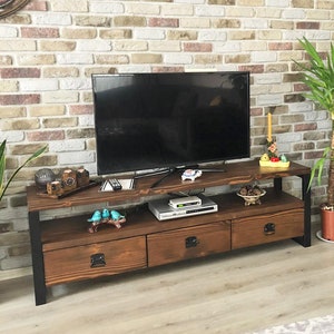 Solid Wood Tv Stand Rokko / Vintage Design Wood and Metal Tv Unit / Rustic Wood Media Console / Entartainment Center with Drawers image 1