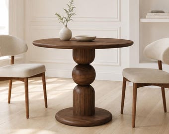 Round Pedestal Dining Table : Mid Century Modern Walnut Wood Bar and Bistro Table