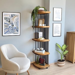 Solid Wood Corner Bookshelf , Modern Corner Bookcase with Metal Frame , Space Saving Corner Shelf , Small Shelving Unit