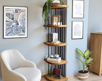 Eckbücherregal aus massivem Holz, Modernes Eckbücherregal mit Metallrahmen, Platzsparendes Eckbücherregal, Kleines Regal