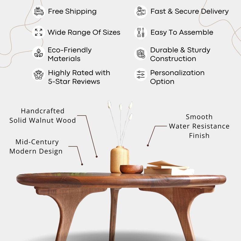 Midcentury Round Coffee Table , Round Wood Coffee Table , Solid Walnut