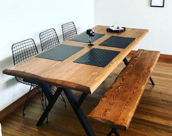 Mesa de comedor de madera maciza - Mesa personalizada hecha a mano / Mesa de granja moderna / Mesa de cocina con patas de metal