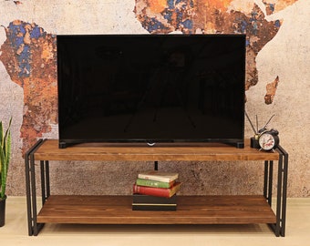 Mueble de TV de madera y metal hecho a mano - Rokko / Consola de TV rústica de granja / Unidad de TV industrial moderna