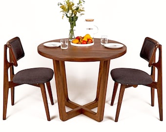 Round Dining Table , Mid Century Round Dining Table , Handmade Solid Wood Walnut Table