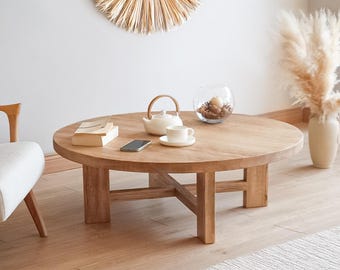 Rustic Round Coffee Table - Solid Wood Sofa Table for Living Room - Custom Made Boho Design