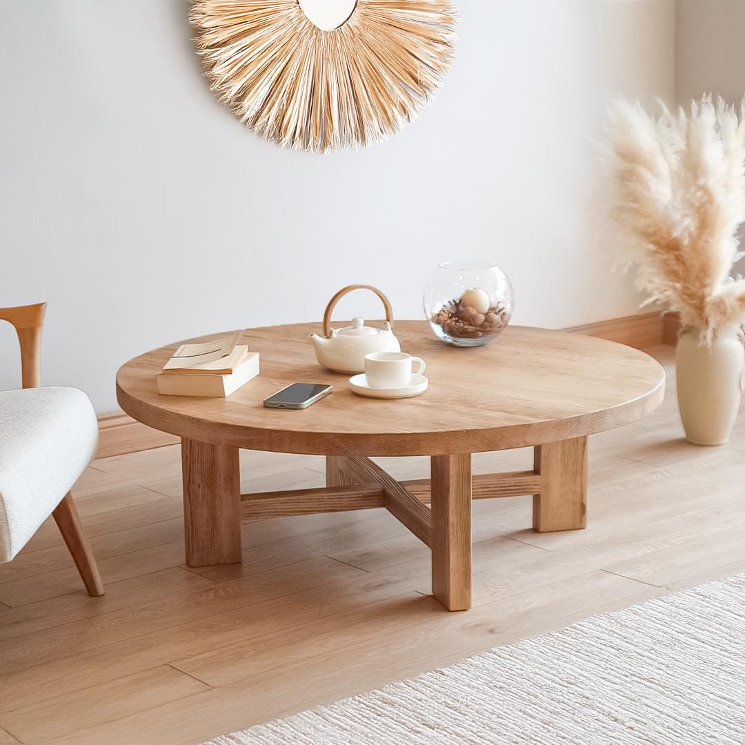 OHMG - Table Basse Ronde Design Scandinave, Plateau MDF, Pieds En Pin, 50 Cm De Diamètre