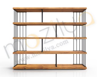 Mid Century Modern Open Bookcase - Hasir / Solid Wood and Metal Bookshelf / Wall Decor and Object Display