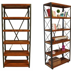 Industrial Wood Bookshelf - Cross / Solid Wood Shelf and Metal Racks Bookcase / Loft Style Bookshelves / Vintage Bookcase Design