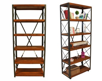 Industrial Wood Bookshelf - Cross / Solid Wood Shelf and Metal Racks Bookcase / Loft Style Bookshelves / Vintage Bookcase Design