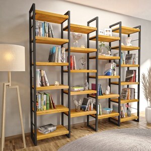 Solid Wood and Metal Bookcase , Large Bookshelf and Wall Unit , Industrial Shelving Unit , Object Display and Room Divider