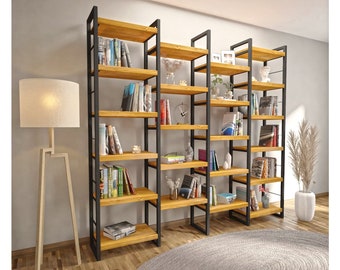 Librería de madera maciza y metal , Librería grande y mueble de pared , Estantería industrial , Expositor de objetos y Separador de ambientes