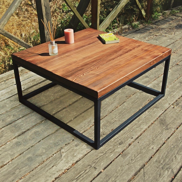 Solid Wood Coffee Table , Massive Farmhouse Coffee Table with Metal Base , Handmade Square Coffee Table , Bespoke Custom Design