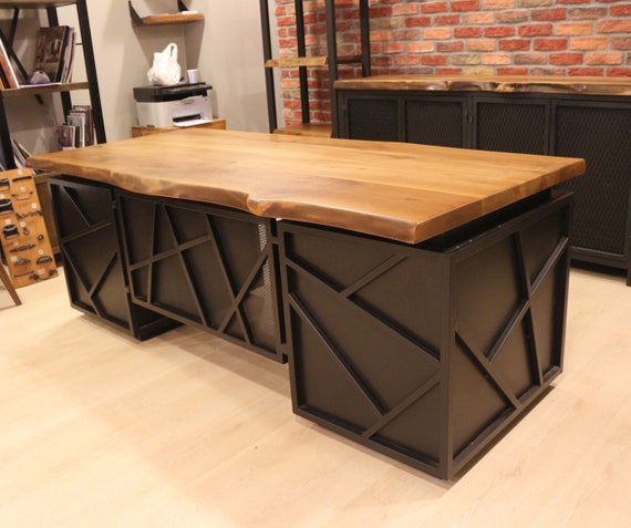 Solid Wood Office Desk Dark Executive Office Table Industrial