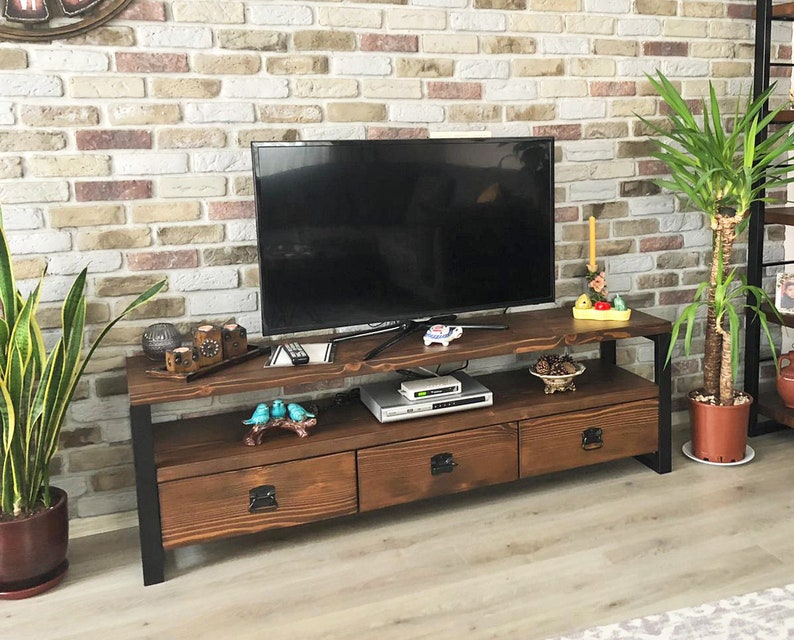 Solid Wood Tv Stand Rokko / Vintage Design Wood and Metal Tv Unit / Rustic Wood Media Console / Entartainment Center with Drawers image 1
